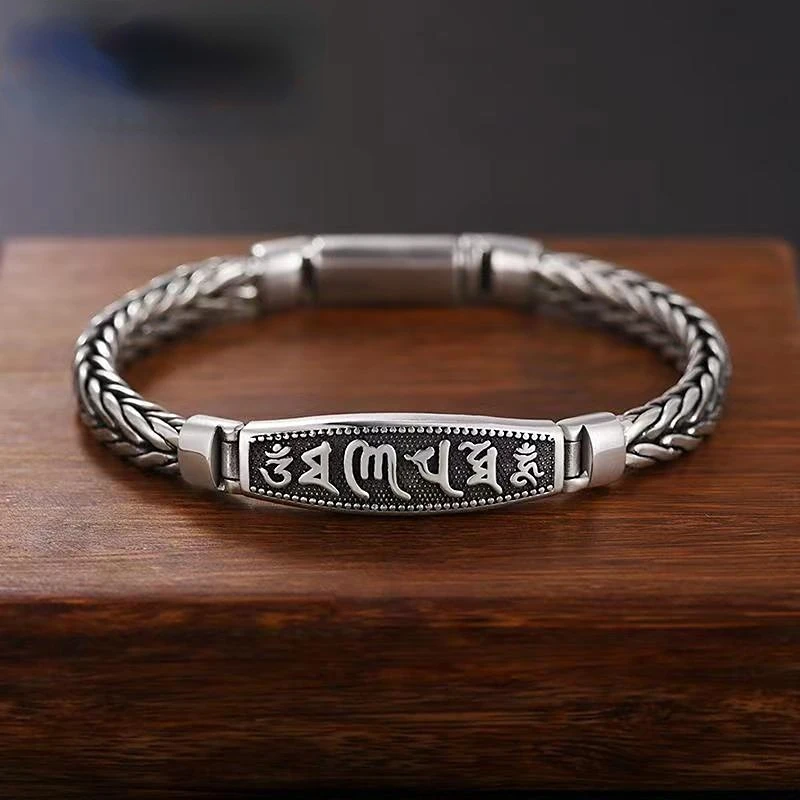 Wholesale S925 Silver Bracelet Men's Six-Character Mantra Woven Thai Silver Ladies Retro Vintage Jewelry Bangle Birthday Gift
