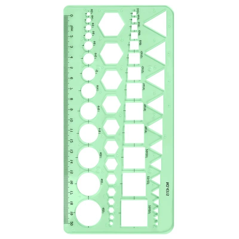 Green Plastic Circles Squares Hexagons Geometric Template Ruler 0-20Cm