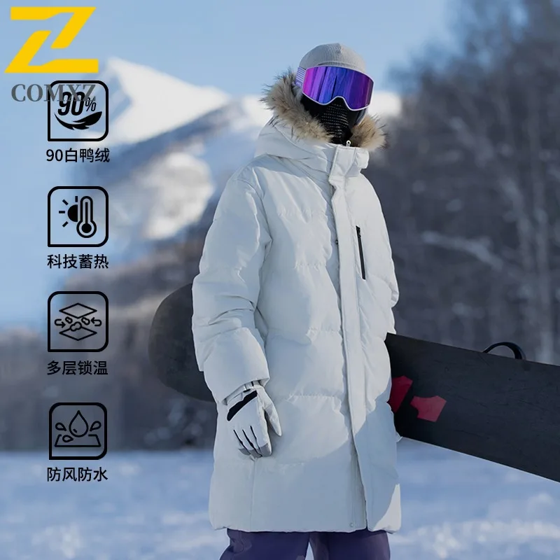 

COMXZ Men Long Down Jacket Splicing Hood 90 percent White Duck Down Warm Parka Snow Travel Lightweight Autumn Winter windbreaker