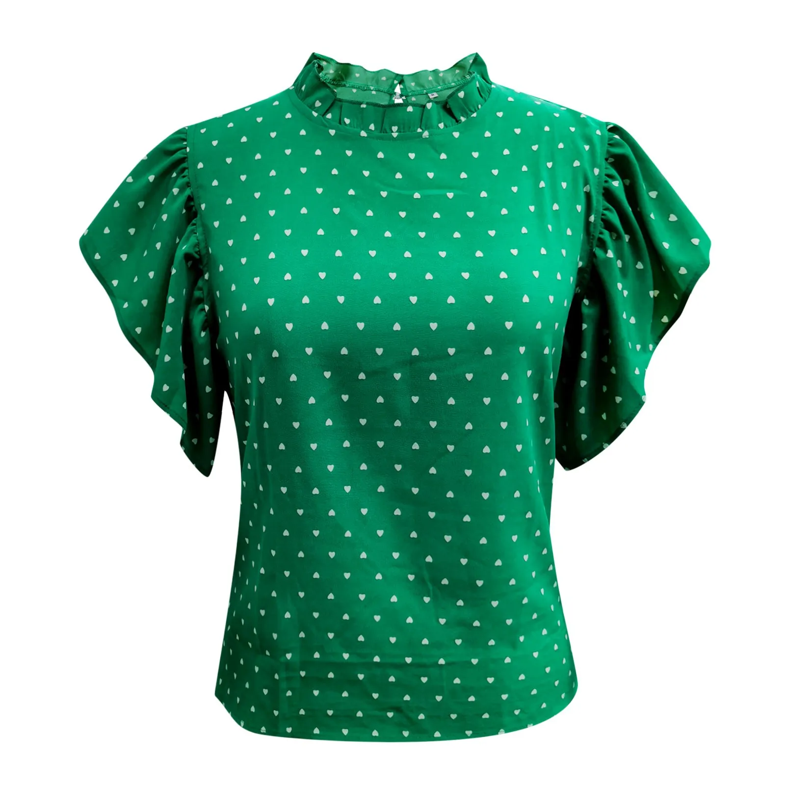 Summer Polka Dot Blouse Shirt Woman Casual Ruffle O-Neck Green Red Short Sleeve Tops Femme Cloth