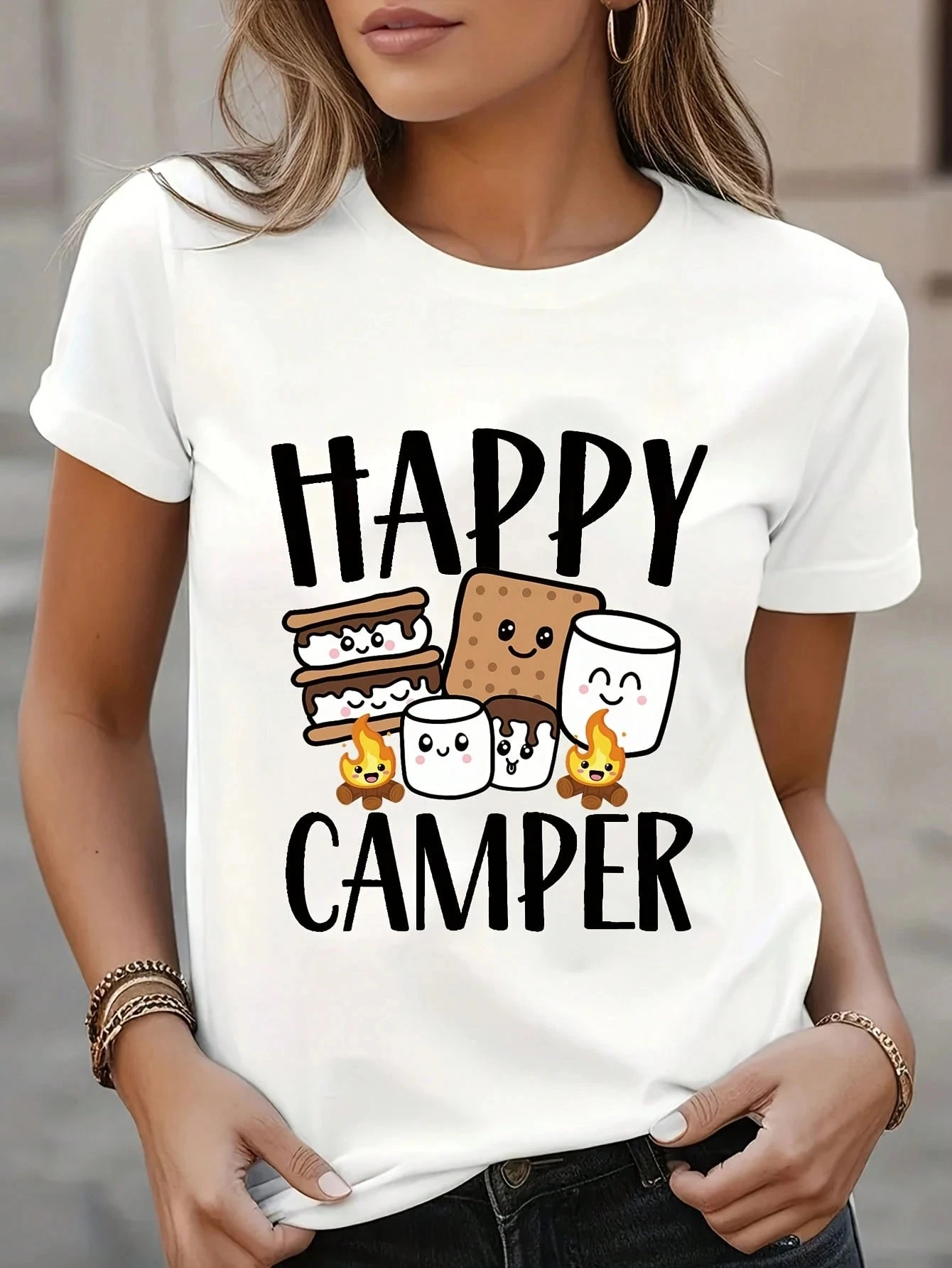 Fun Suikerspin met Camping Print voor Outdoor Comfort Casual Top 2026 Zomer Katoenmix Dames T-shirt Y2k Harajuku Stijl