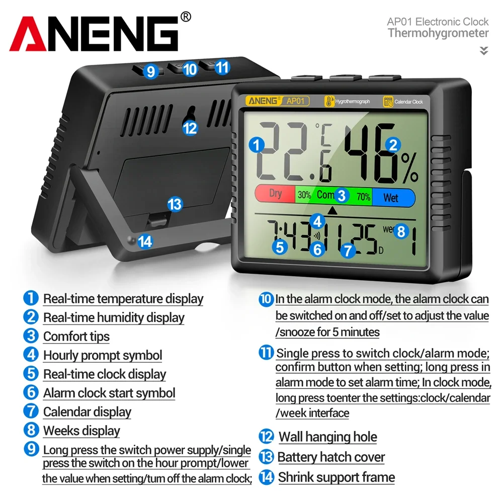 ANENG AP01 Thermohygrometer Elektronische Uhr Multiscene-Messung High-Definition-Bildschirm Digitales Luftthermometer Hygrometer