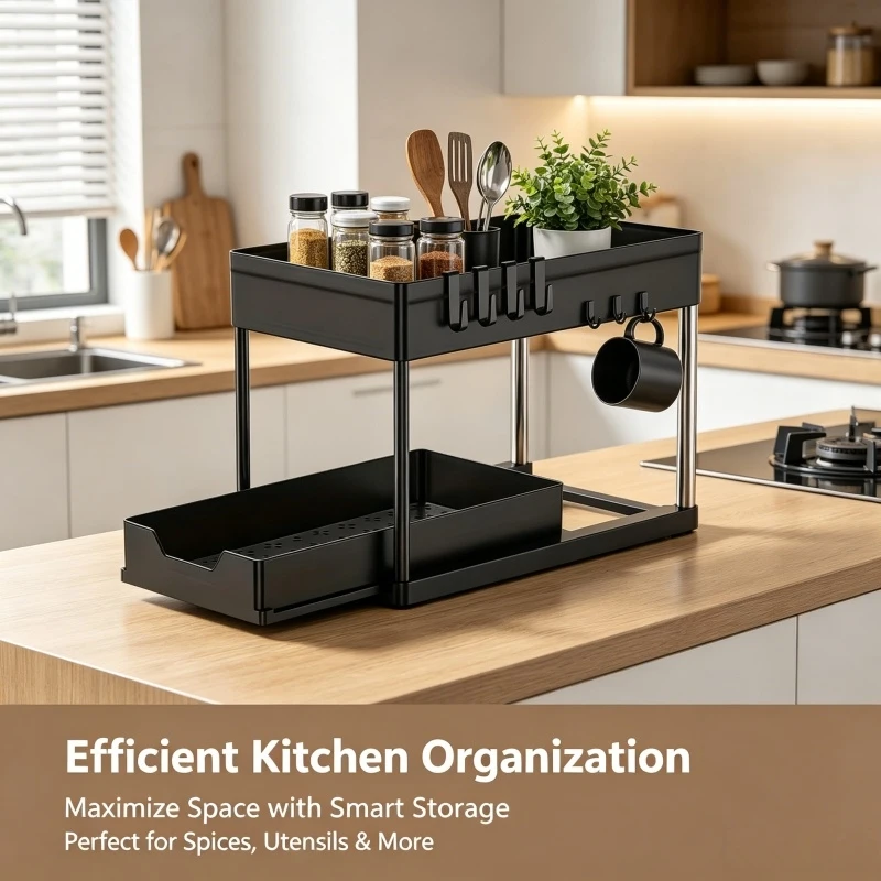 2 Tier Sliding Drawer Under Sink Storage Organizer Shelf Multipurpose Rack For Kitchen Cabinet Bathroom Home 1PC