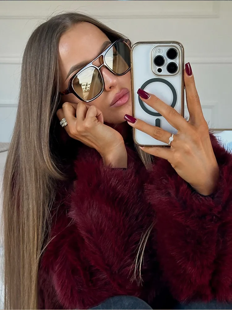 Burgundy Warm Fluffy Faux Fur Short Women\'s Jacket Elegant Lapel Long Sleeve Plush Coat 2024 Winter Lady Cropped High Streetwear