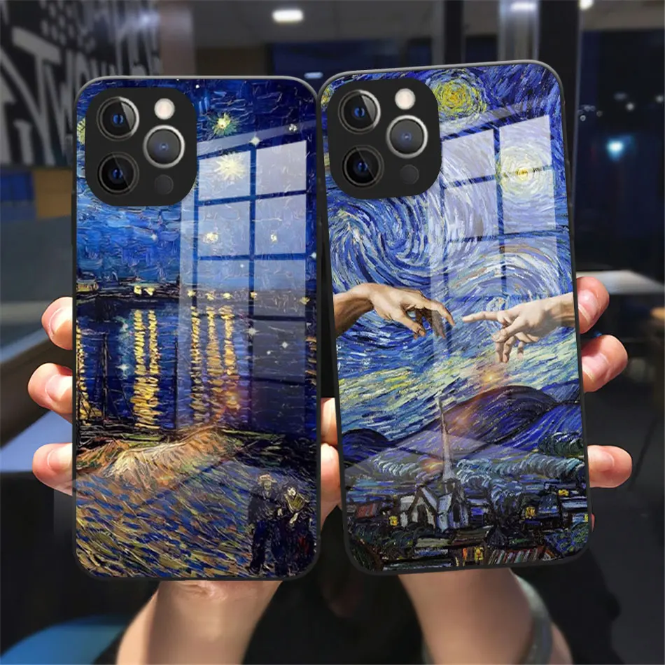 

Van Gogh Art Starry Sunflower Glass Phone Case For iPhone 11 12 13 14 15 16 Pro Max 15 16 Plus 13 Mini Black Bumper Back Cover