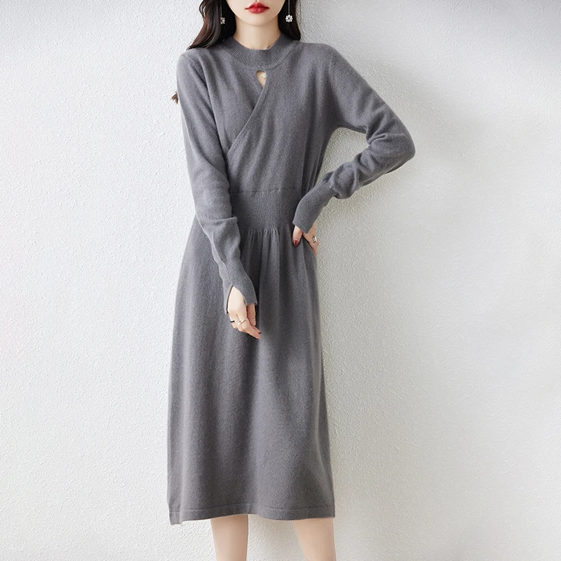 Fall/Winter Wool Knitted Dress Women\'s Half-high Neck Long Waist Sweater Skirt Loose 100% Wool Over-the-knee Skirt