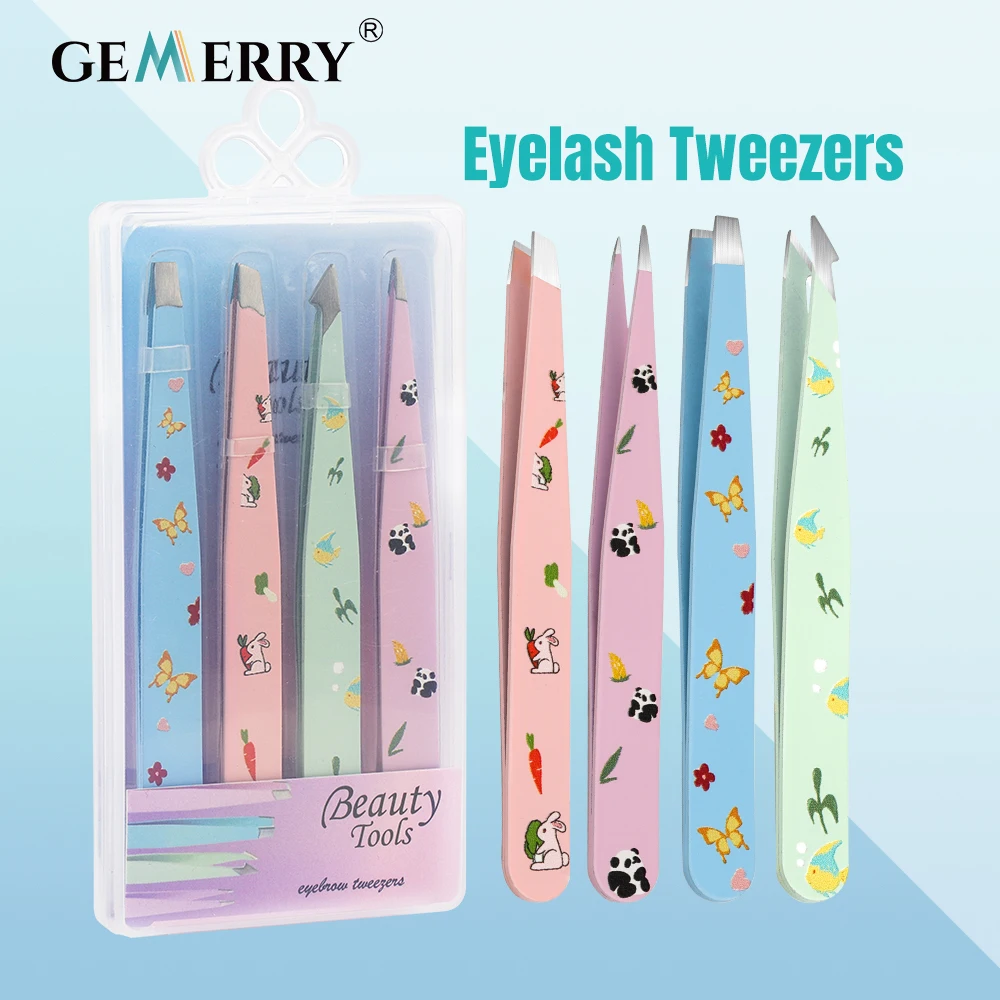 Gemerry Professional Eyebrow 4Pcs Tweezers Stainless Steel Hair Removal Clip For Eyelash Extension Tweezer Makeup Beauty Coloful