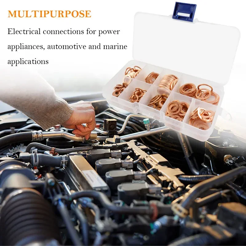 100/200 Pcs Copper Washer Gasket Nut and Bolt Set Flat Ring Seal Assortment Kit with Box //M8/M10/M12/M14 for Sump Plugs