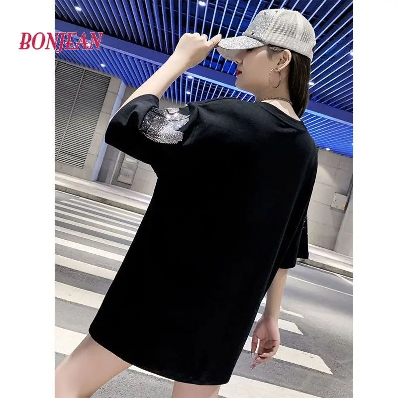 2024 New Oversized  Women's Beaded T-shirt Summer New Loose Middle and Long Western-style Top Harajuku Y2k Style Korean Tops