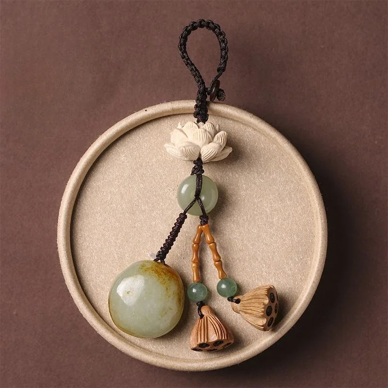 

Natural Hetian Jade with Shape Jade National Tide Car Key Ring Lotus Peach Wood Lotus Seedpod Mobile Phone Charm