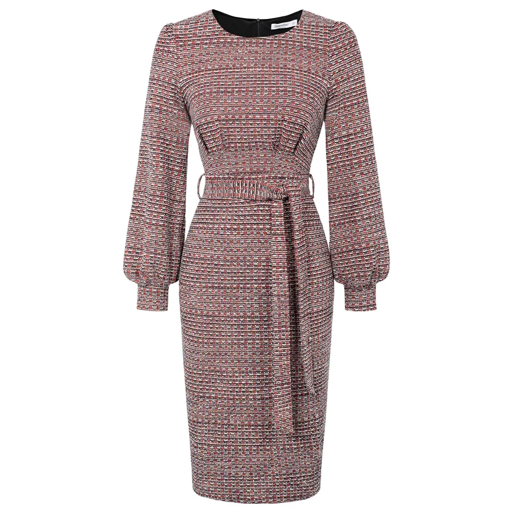 Jasambac Women Tweed Dress Autumn Korean Style OL Elegant Long Sleeve Hips-wrapped Crew Neck Back Slit Bodycon Dress With Belt