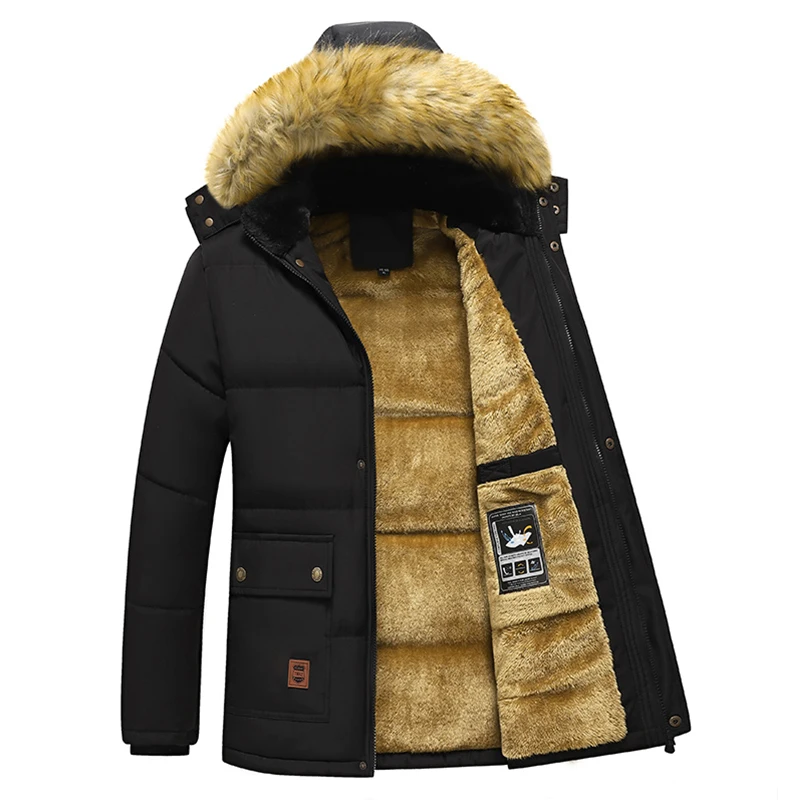 Parka con forro polar para hombre, abrigo grueso y cálido con cuello de piel y capucha, Chaqueta de felpa de talla 5XL, prendas de vestir para el trabajo, color negro, invierno, 2023