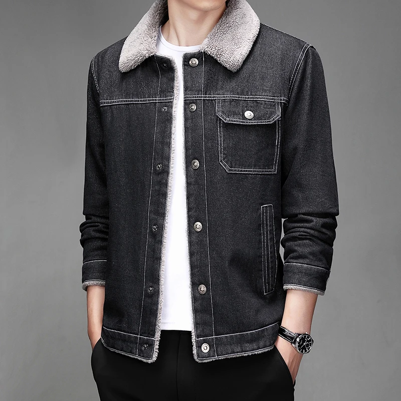 

Winter Woolen Liner Man Jeans Denim Jacket Turn-down Collar Single Breasted Coat Thicken Warming Outerwear Fashion Men Clothing