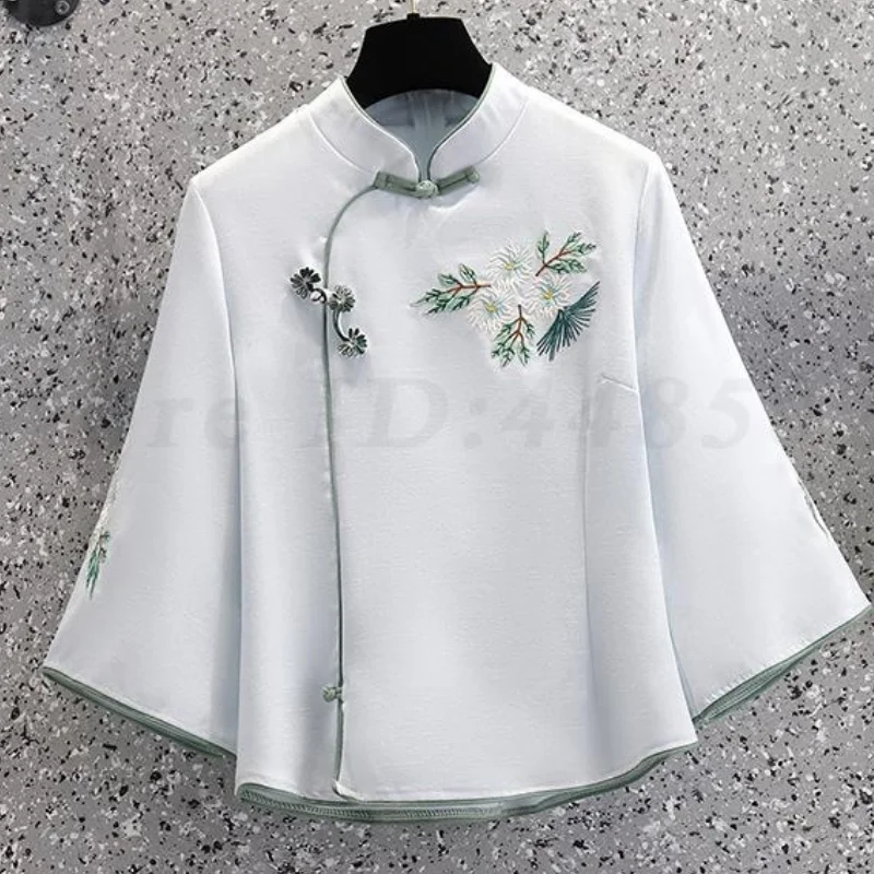 New Chinese Style Shirts Tea Art Tang Clothes Women's Retro Improved Cheongsam Tops Spring Summer Embroidered Blouses
