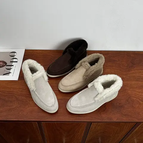 Fur Loafers Flat Shoes Women's Suede Slippers  Quality Casual Shoes Women's Winter Wool Snow Boots