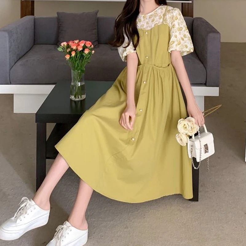 2023 New Summer Women Floral Print Patchwork Sweet Chic Midi Dress Female Fashion Elegant Short Sleeve Slim Casual Dresses Robe