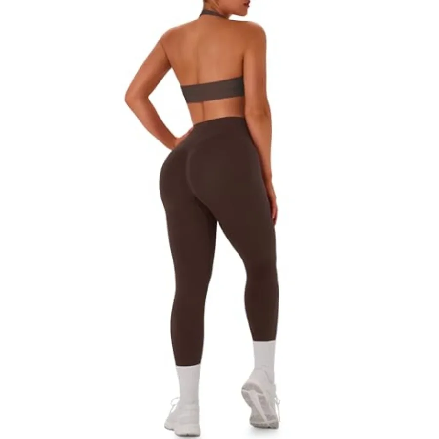 

TDIFFUN Women Workout Sets 2 Pcs Seamless Scrunch Butt Leggings Padded Halter Sports Bra Matching Set Gym Yoga Outfits