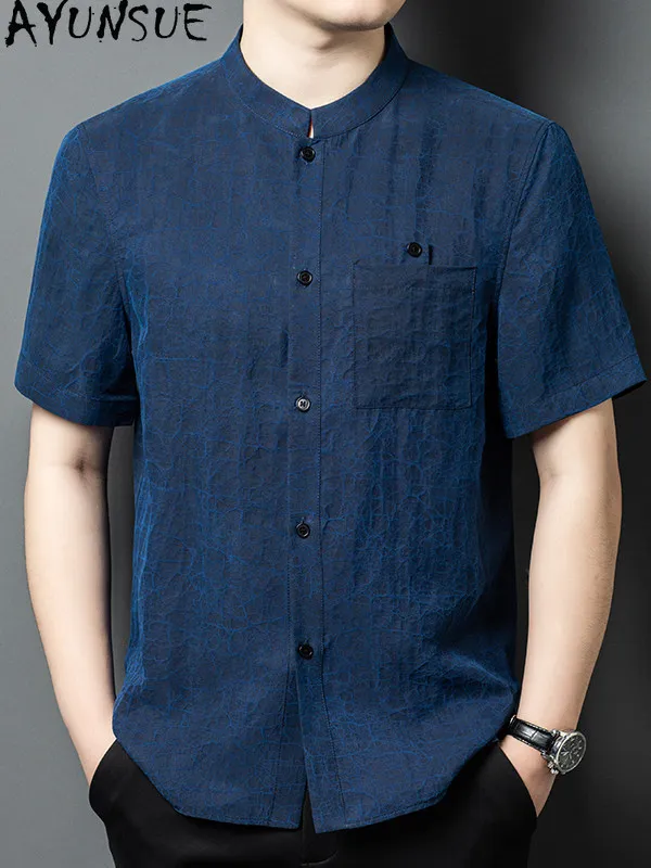 AYUNSUE 100% Natural Mulberry Silk Shirts for Men Summer 2026 Reversible Short Sleeve Tops Gauze Silk Shirt Man Clothing Shirts