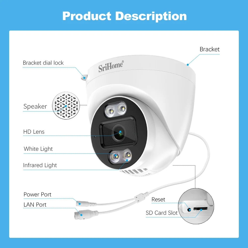 Imagem -06 - Srihome-câmera ip de Segurança com Alarme de Áudio Bidirecional Vigilância por Vídeo Onvif Nvr mp Dome Wi-fi Cctv H.265 Sh030