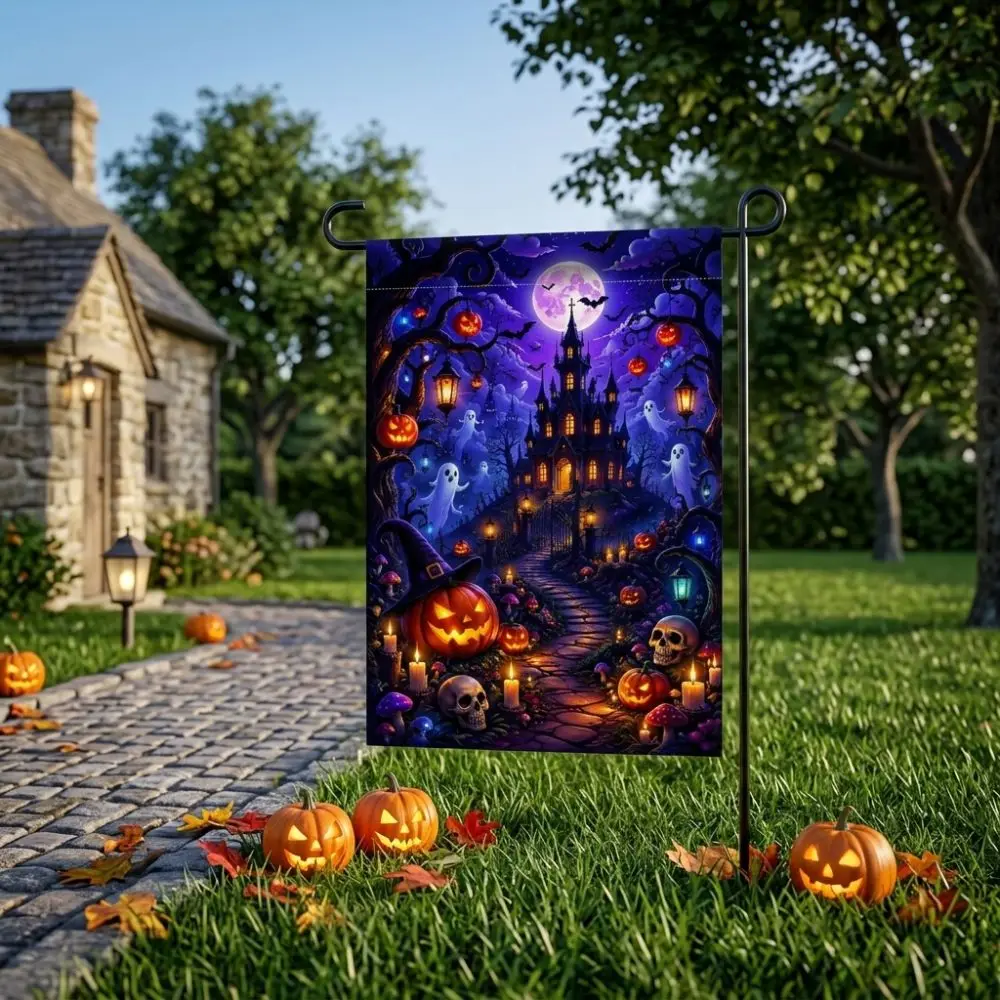 2D Flat Print Halloween Garden Flag Single Sided Spooky Witch Ghost Yard Flag Haunted House Polyester Halloween Outdoor Banner