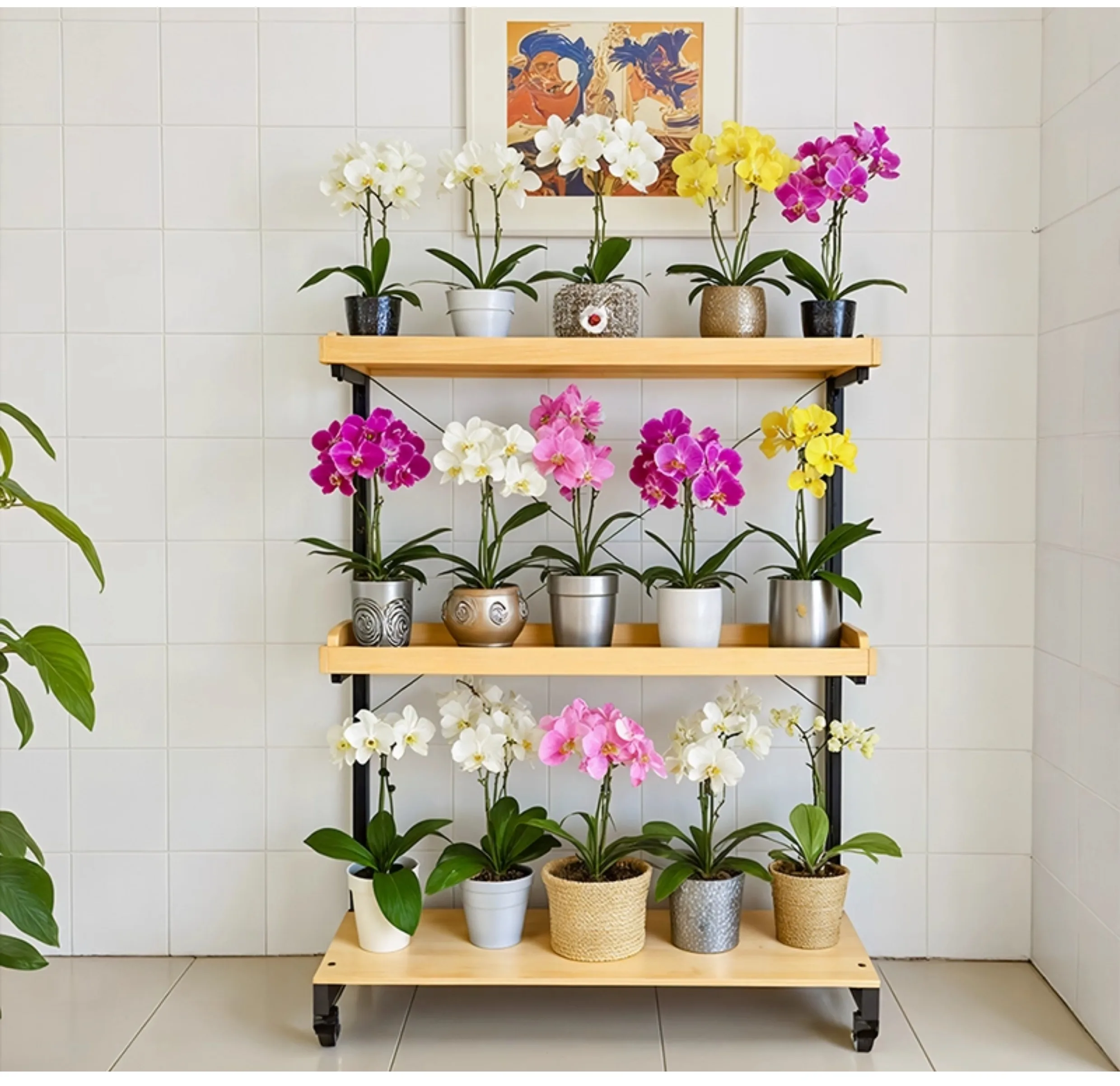 

Подставка для цветов Угловая стойка Перемещение на колесах у стены Многослойная напольная подставка для цветов из кованого железа