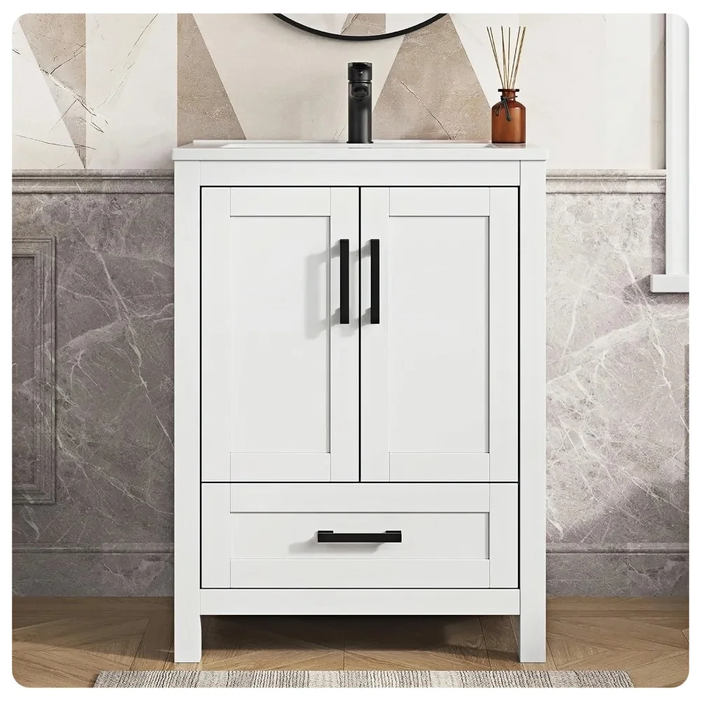 24 Inch Bathroom Vanity with Sink, Small Bathroom Vanity with Soft-Closing Doors & Drawer, 24 Inch Vanity with Sink, White