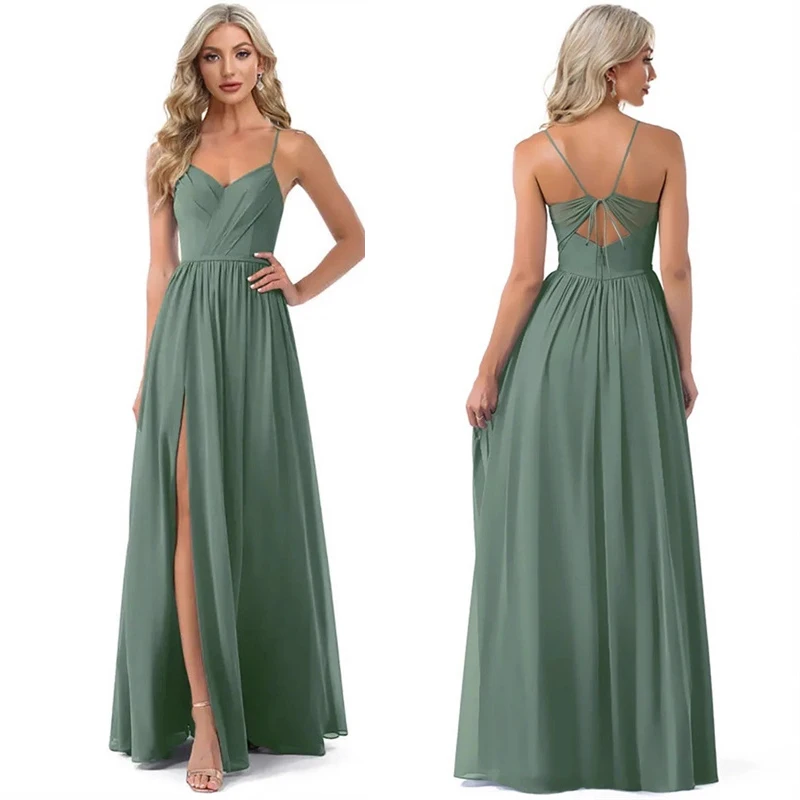 

Линия шифоновых платьев подружки невесты на тонких бретельках с V-образным вырезом и разрезом в складку Элегантная свадебная вечеринка Формальный выпускной вечер на молнии сзади