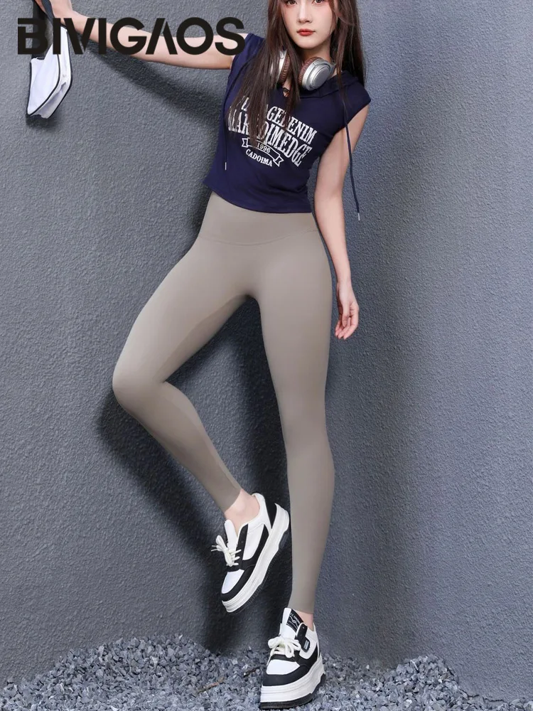 BIVIGAOS Spring Summer Back Waist Cross Shaped Sharkskin Leggings Women High Waist Butt Lifting Sport Running Fitness Leggings
