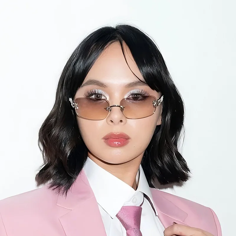 Korean Style Sunglasses for Women Rectangle Shape Rimless Y2K Hot Sexy Women's Glasses Rhinestone Outdoor image 3
