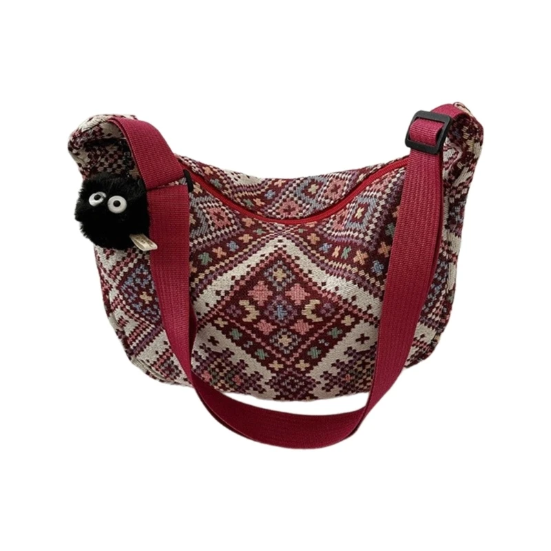 E74B Ethnic Style Dumpling Bag for Casual and Retro Shoulder Carry Unique Shape with Pendant Decoration