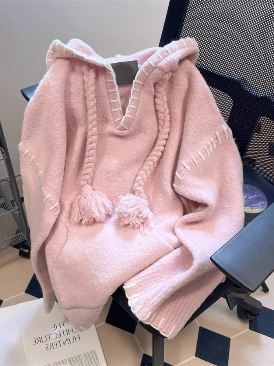 

Extra Large 2300 Pounds Pink V-Neck Hoodie Women's Autumn Winter Thickened Knitted Outerwear Loose Fit Comfortable Style