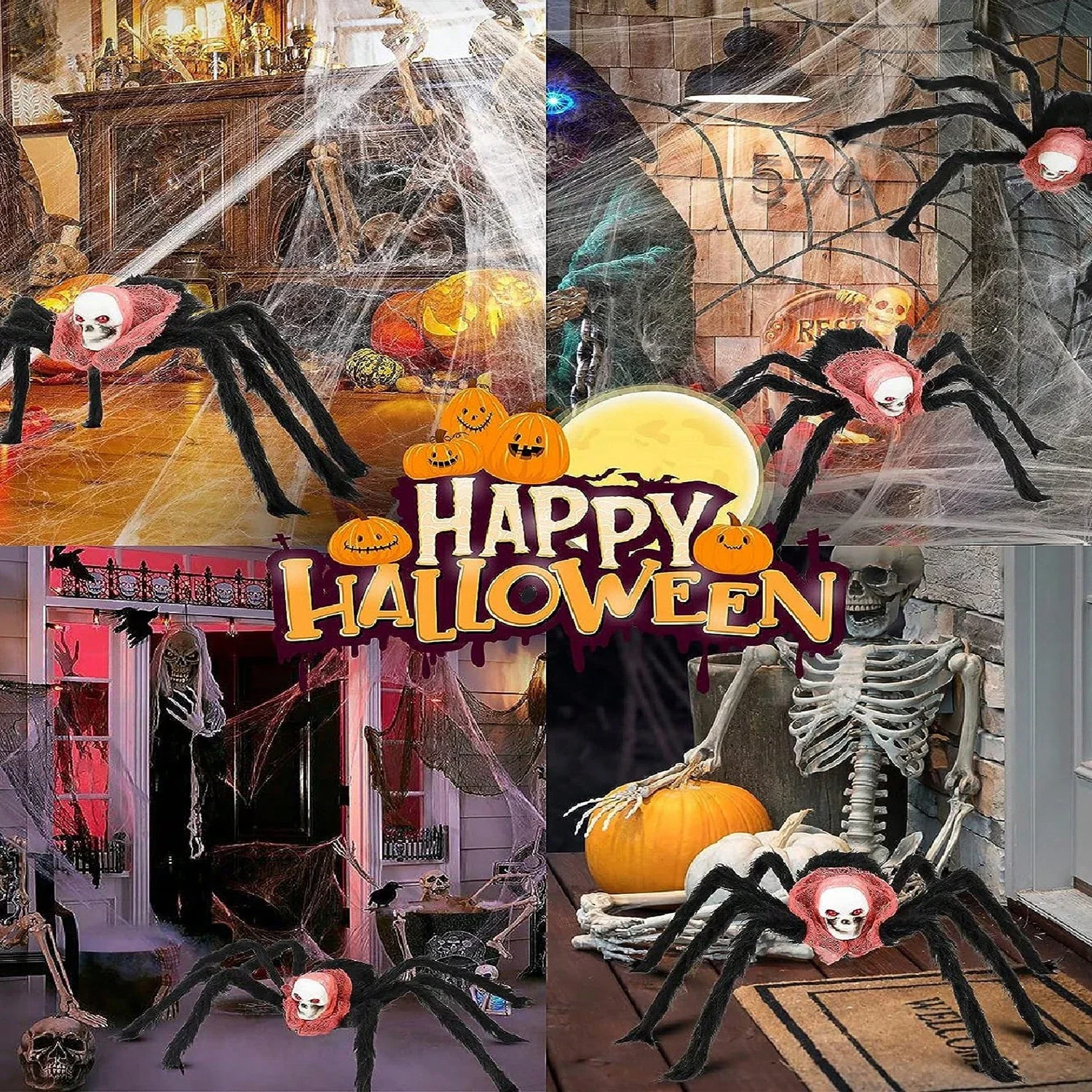 Halloween Giant Spider Hairy Scary Fake Skeleton Spider Realistic Black Spider Festival Party Fix Up Props Halloween Decoration