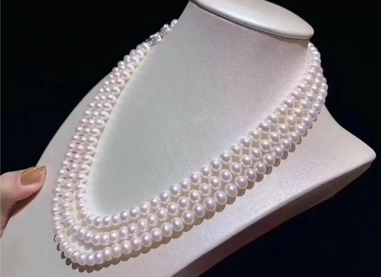 Triple Pearl Necklace AAA 7-8mm Natural South Sea Round White Pearl Necklace 18 