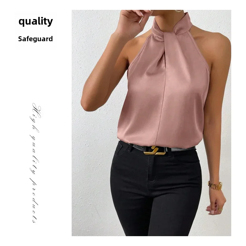 2024 Summer New Women's Fashion Halter Neck Sleeveless Vest Nylon Silk Like Top Stocking Wholesale