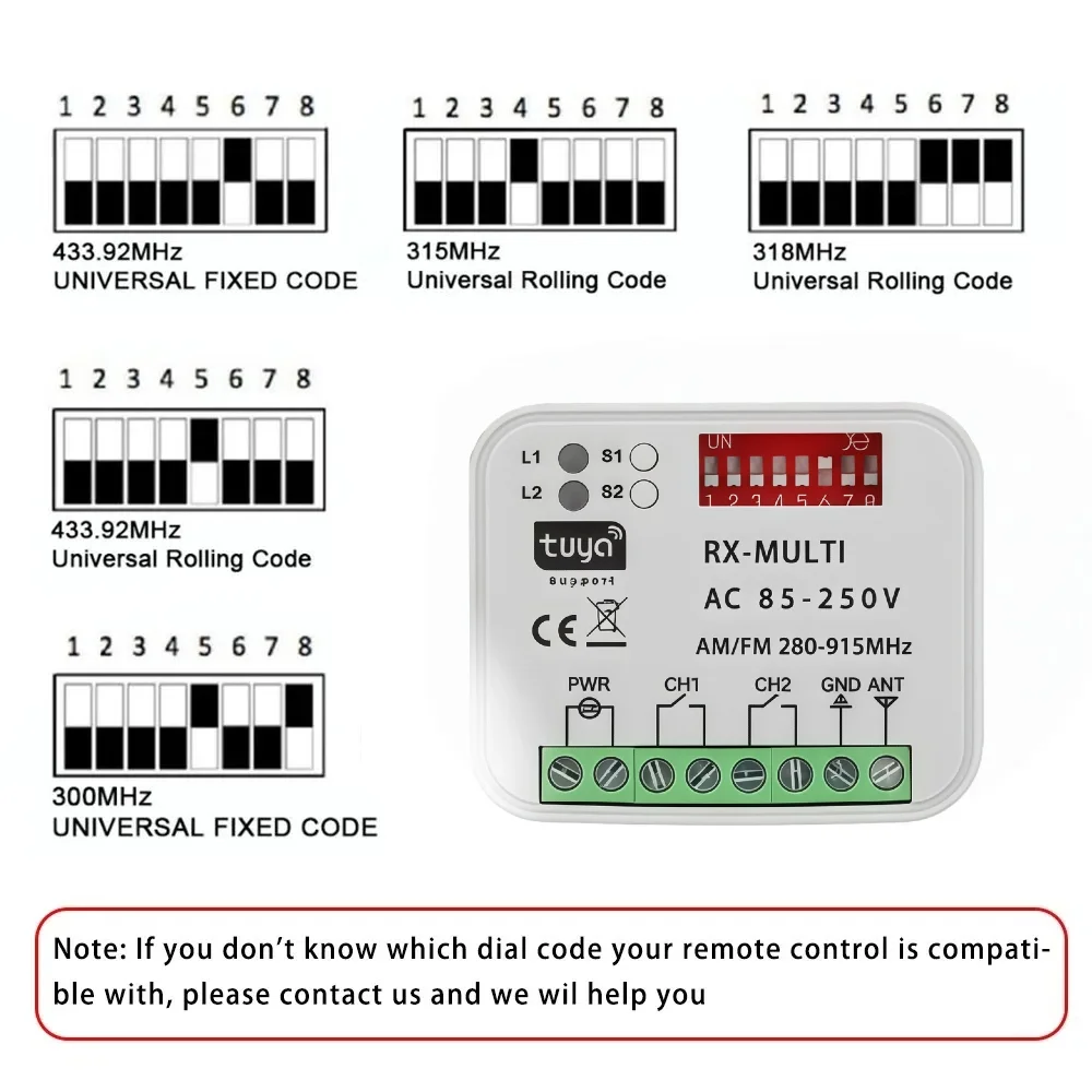110V 220V 2CH 280-915MHz Tuya WiFi Garage Door Remote Control Receiver RF 433Mhz Wall Light Switch for Home Appliance LED Lamp
