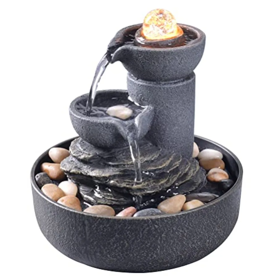 

Tabletop Water Fountain 2-Tier Indoor Waterfall Fountain with LED Light Cobblestone and Glass Rolling Ball Soothing Meditation