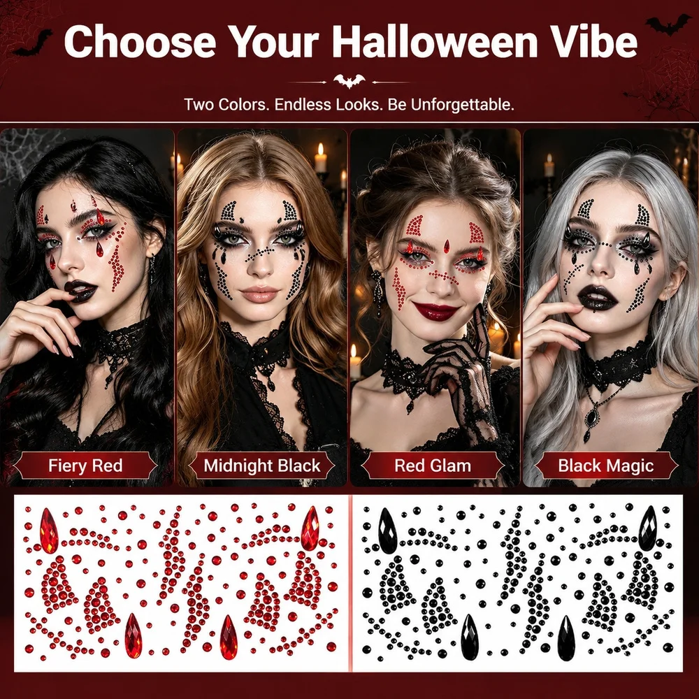 1Pc Face Gems Stickers Red & Black Two Styles Mixed‑Size Blood Teardrop Rhinestone For Halloween Vampire Cosplay Makeup Decor