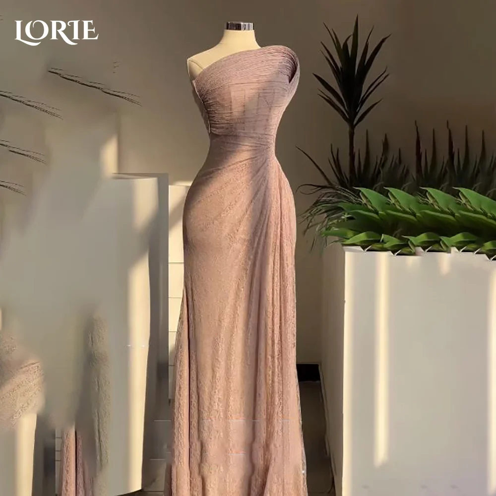 

LORIE High Collar Modest Lace Arabia Evening Dress Floor Length One Shoulder Mermaid Prom Dresses Pleats Party Gown Customized