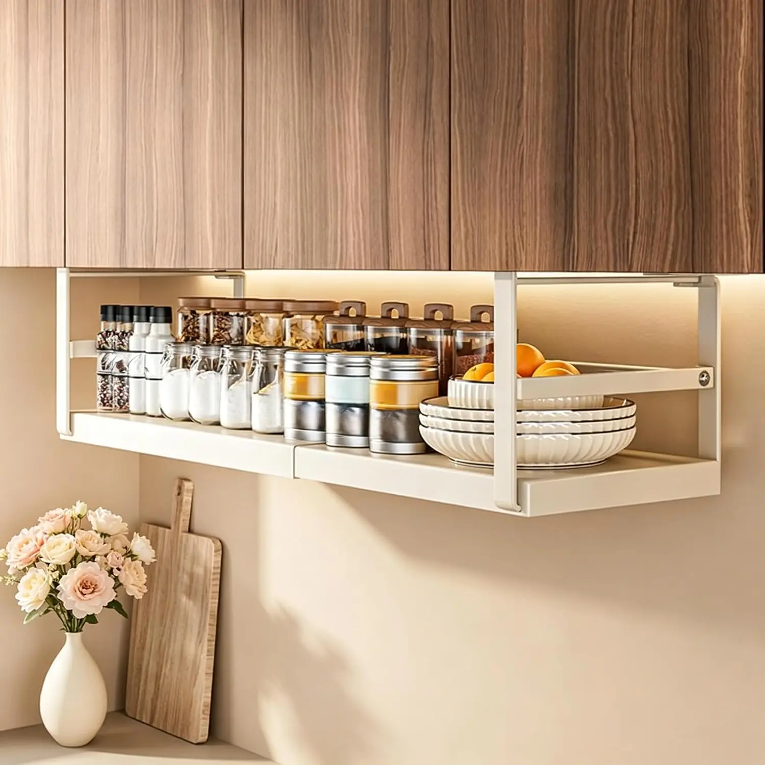 Cesto sospeso espandibile da appendere sotto i ripiani, organizer da cucina in acciaio al carbonio con sistema a estrazione, portaspezie resistente senza necessità di fori per dispensa, armadio e