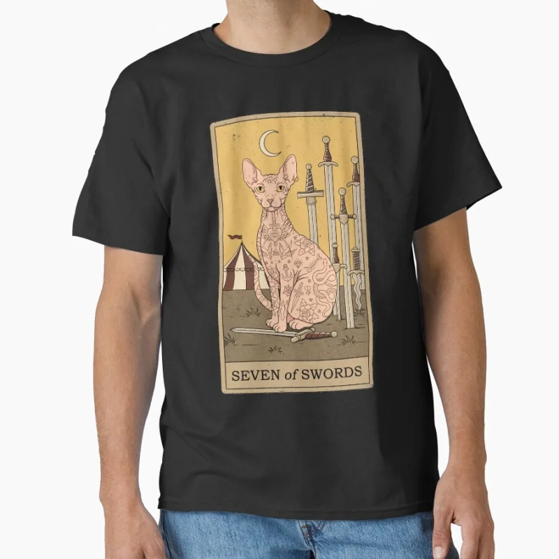 

Seven of Swords Vinage Tarot Card Cat Funny magical Sphinx cat Gift T shirt for men large size Adult Tops S-6XL mens clothing