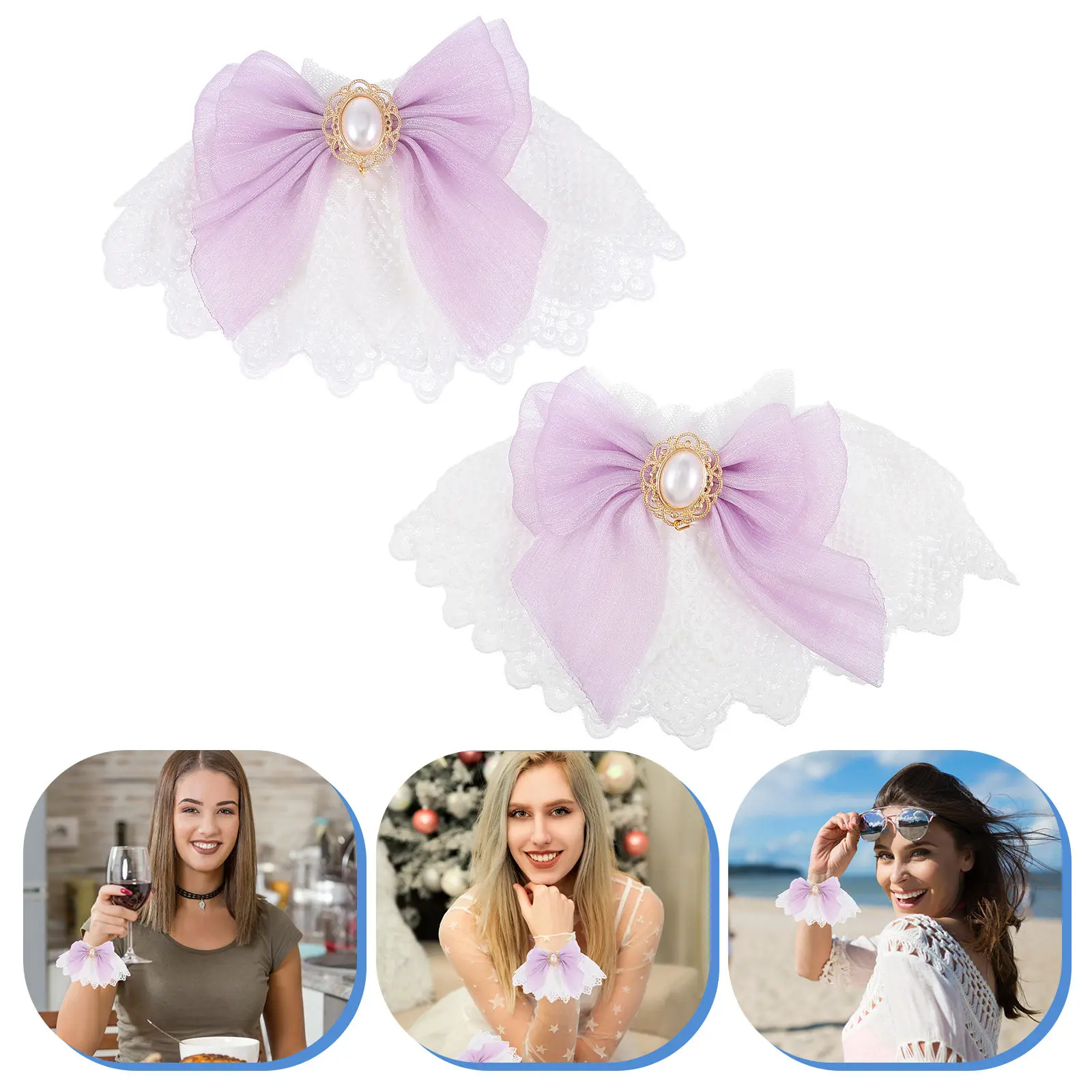 1-ペア二重層レース手首カフス蝶結び装飾ロリータスタイル結婚式宴会パフォーマンス手首アクセサリー