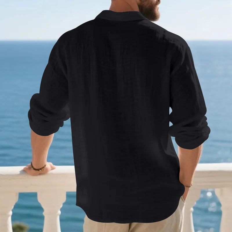 Leinen-Hemd mit Stehkragen und Knopfleiste, Herren Locker Sitzendes Atmungsaktives V-Ausschnitt Langarm-Polohemd – Detail 19