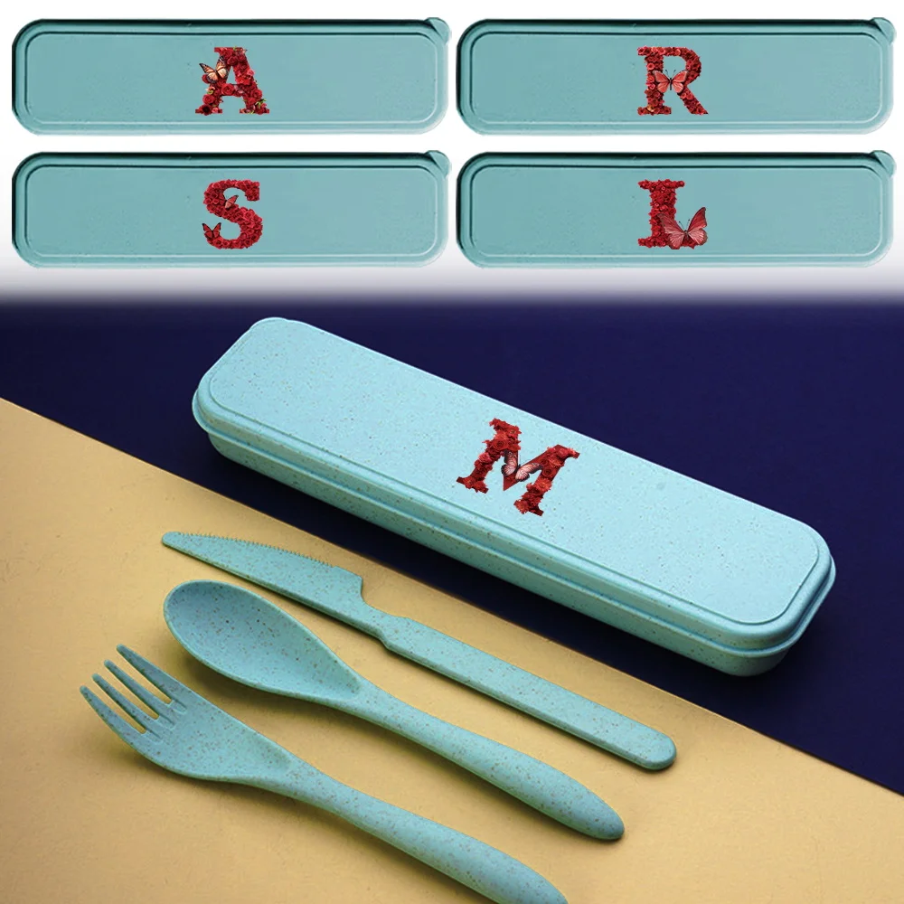 

3pcs Wheat Straw Dinnerware Kit Spoon Fork Chopsticks Storage Case Tableware Lunch Accessoires Red Rose Letter Pattern
