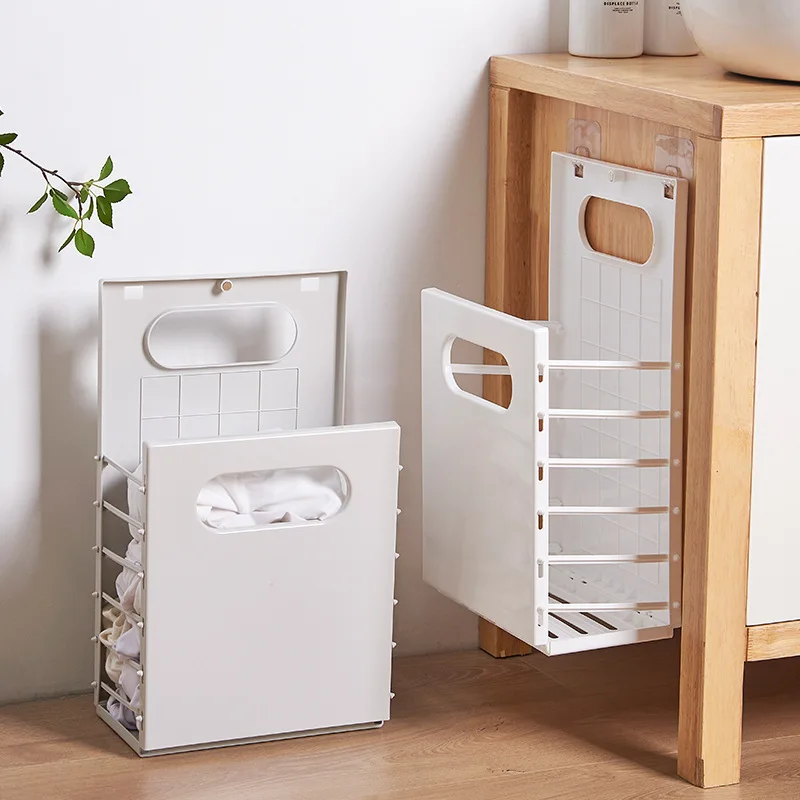 BBEDA wall-mounted folding laundry basket including adhesive hooks