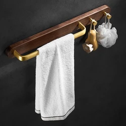 Golden Space Aluminum Towel Rack with Hooks, Bathroom Solid Wood Rack, Toilet Towel Bar, Kitchen Rack, No Drilling Required