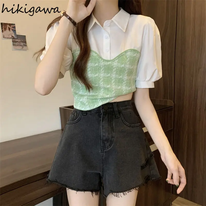 Chic Two Fake Two Shirts for Women Puff Sleeve Tunic Patchwork Plaid Blouses 2024 Blusas Mujer De Moda Vintage Summer Blouse