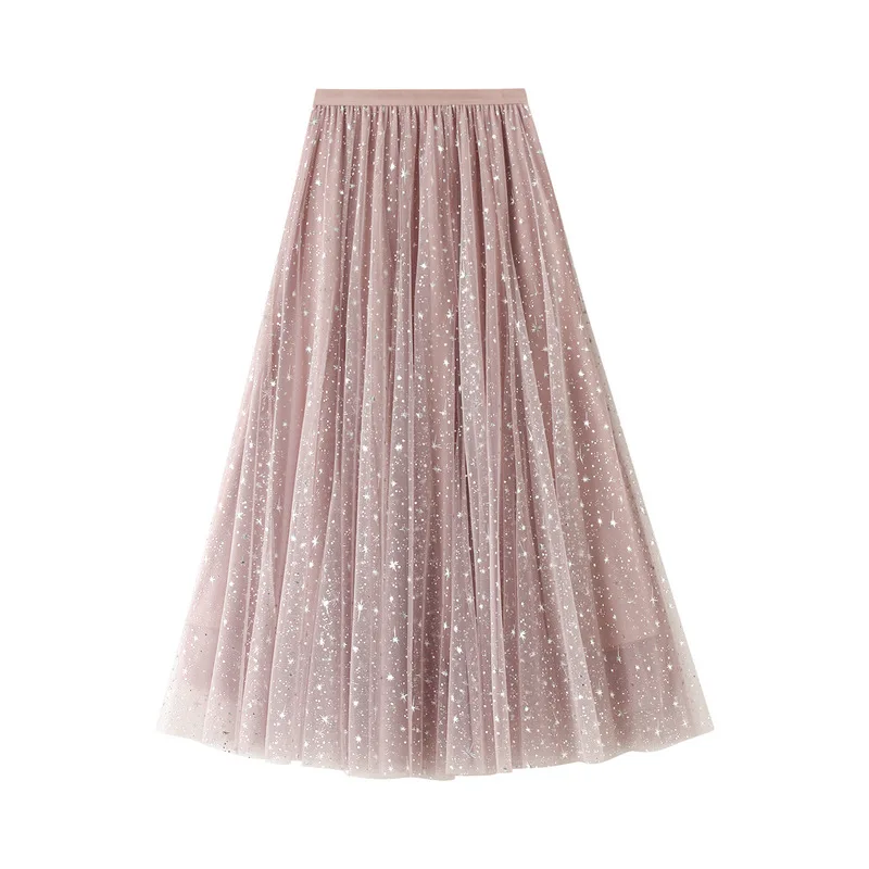 Women Starry Sky Mesh Tutu Skirts Sequin Glitter Layered Tulle A-Line Chic Elegant Puffy Mid Length SkirtStreetwear