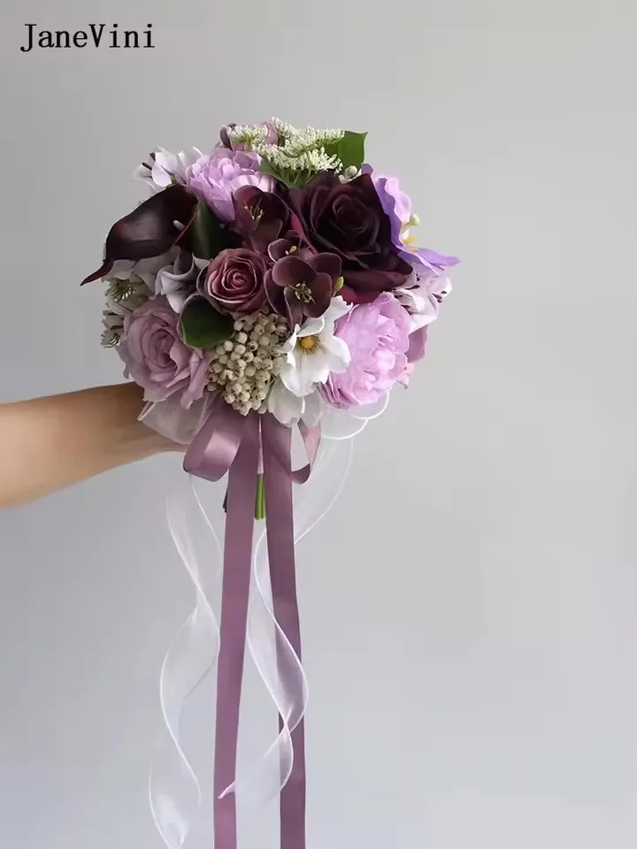 

JaneVini 2025 Romantic Purple Flower Bouquet for Wedding Bride Artificial Calla Lily Bridal Hand Bouquets Wedding Accessories
