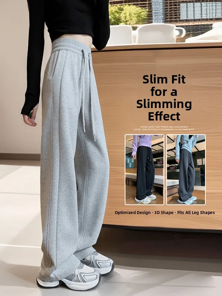 

Thickened Fleece Wide Leg Sports Pants Women Loose Casual All-Match Small Size Straight Long Trousers Autumn Winter Fashion