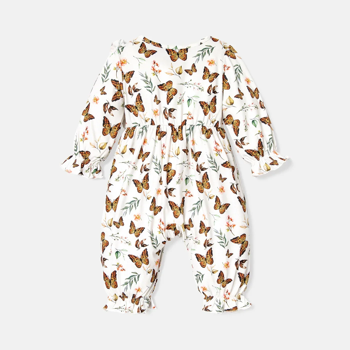 PatPat Baby Girl Solid Cotton Ribbed or Allover Butterfly Print Naia™ Ruffle Trim Long-sleeve Jumpsuit Suitable for Summer